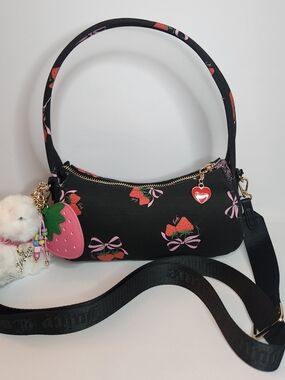 Juicy Couture Black Strawberry Print Shoulder Bag with 2 Bag Charm Accents